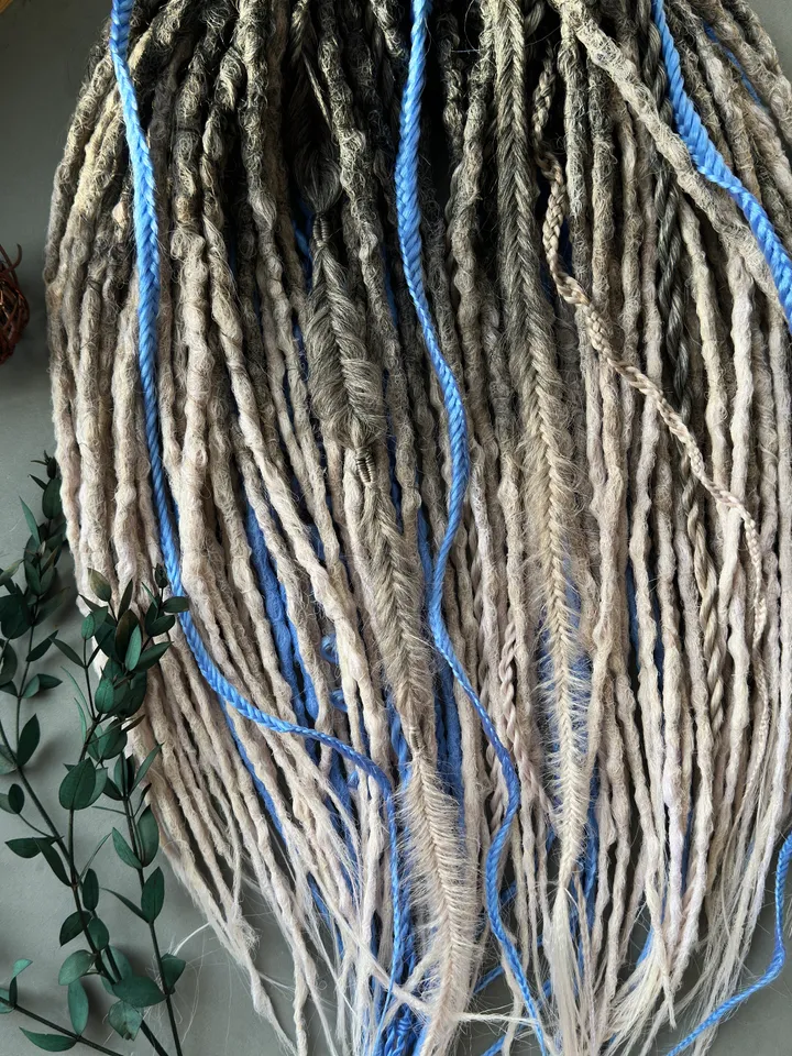 Dreadlocks natural color, blue braids, fake hair