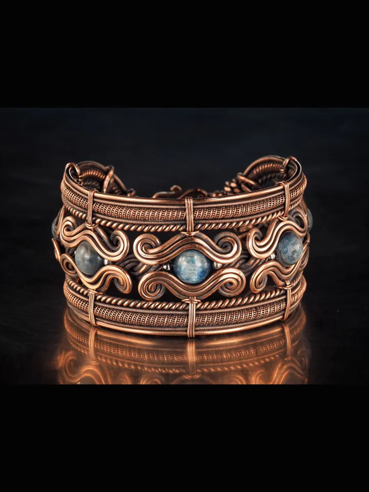 Copper wire wrapped kyanite bracelet Unique bangle 7th Wedding Anniversary