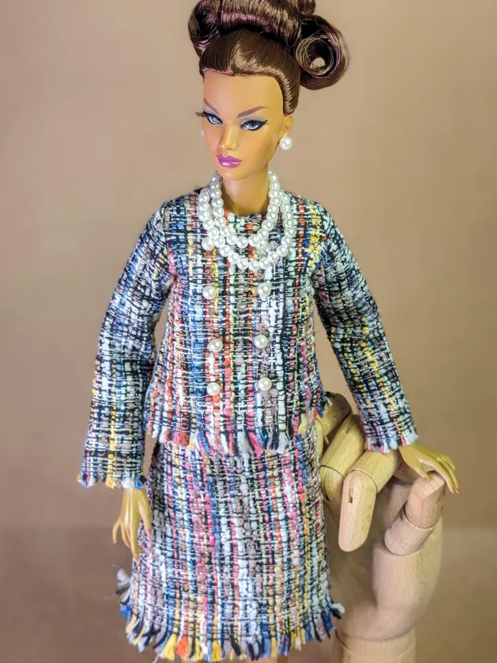Handmade checked black & blue suit with pearl clasps for 16-inch Fashion Royalty dolls (FR16)