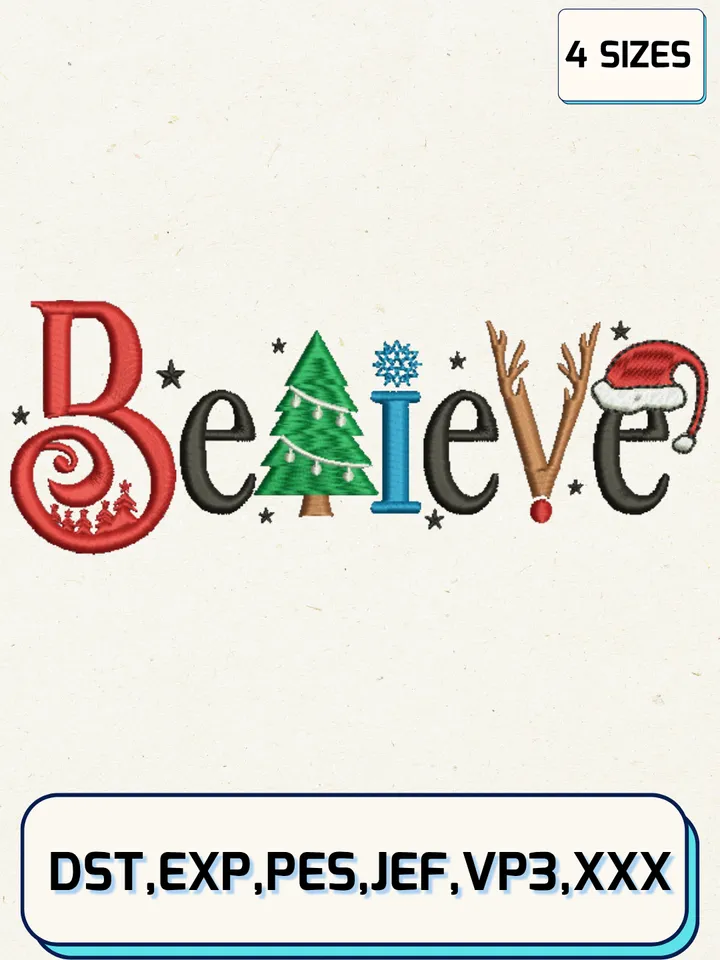Christmas Believe Embroidery Designs,Christmas Embroidery Designs,Machine Embroidery Files,4 Sizes