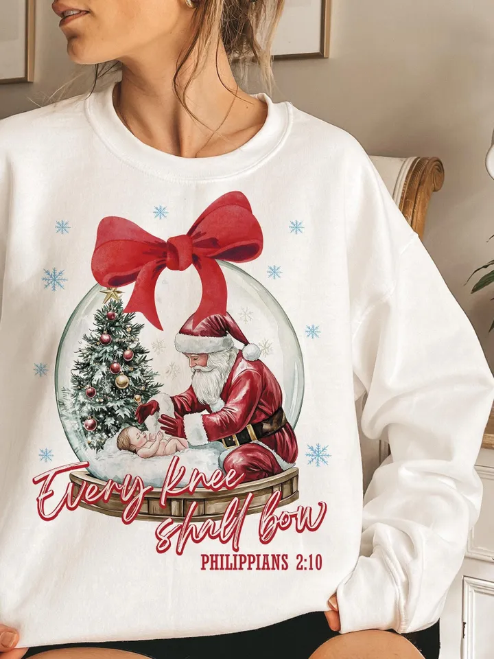 Every Knee Shall Bow PNG sublimation, Nativity Scene Png, Santa Christmas Png, Christmas Shirt, Kneeling Santa Png, Baby Jesus Png