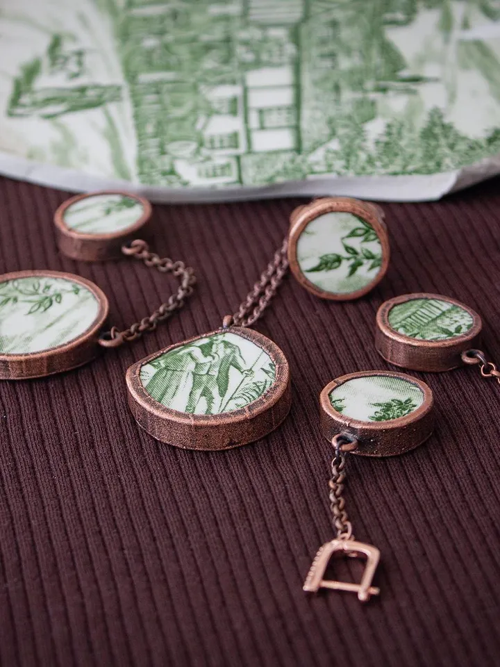 Unique handmade porcelain earrings in a copper frame made using the electroforming process