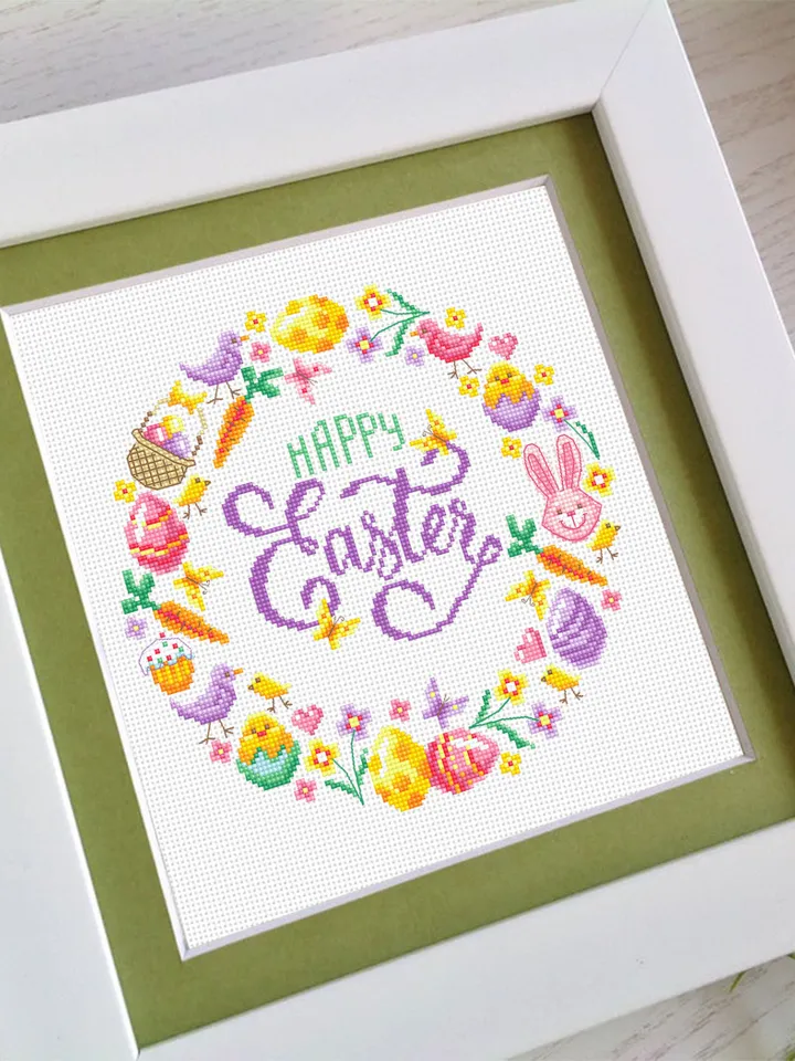 Easter wreath cross stitch pattern PDF download Happy Easter cross stitch chart, Pastel Easter pattern digital PDF, Easter wall decor #T32
