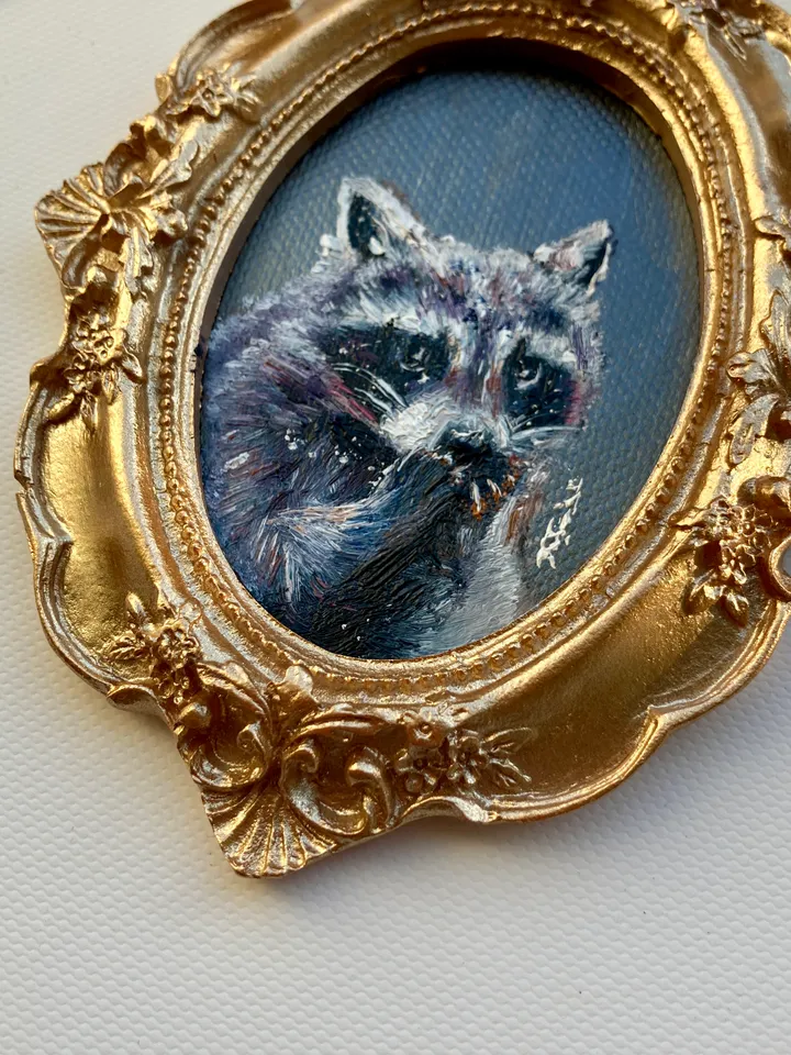 Raccoon Oil Painting Original In Vintage Style Frame Small Framed Animals Wildlife Art Oval Frame