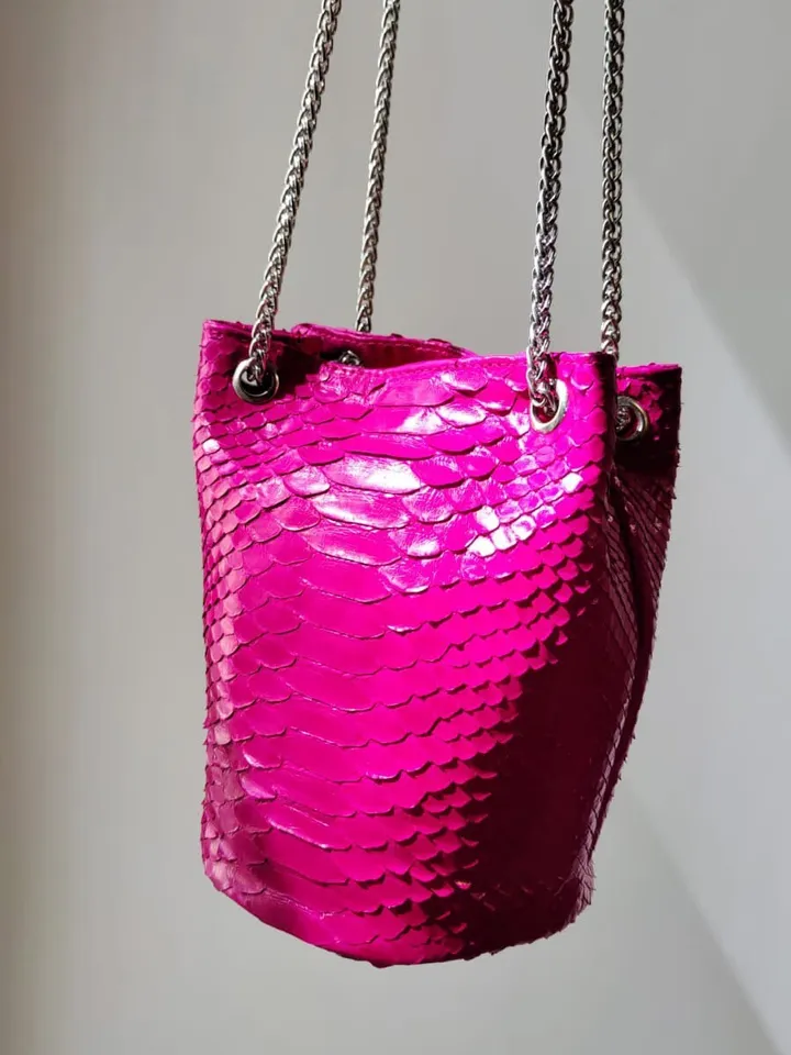 Genuine python skin bucket fuchsia chain bag / designer women purse / bright soft bag / exotic leather bags free shipping | gift for her