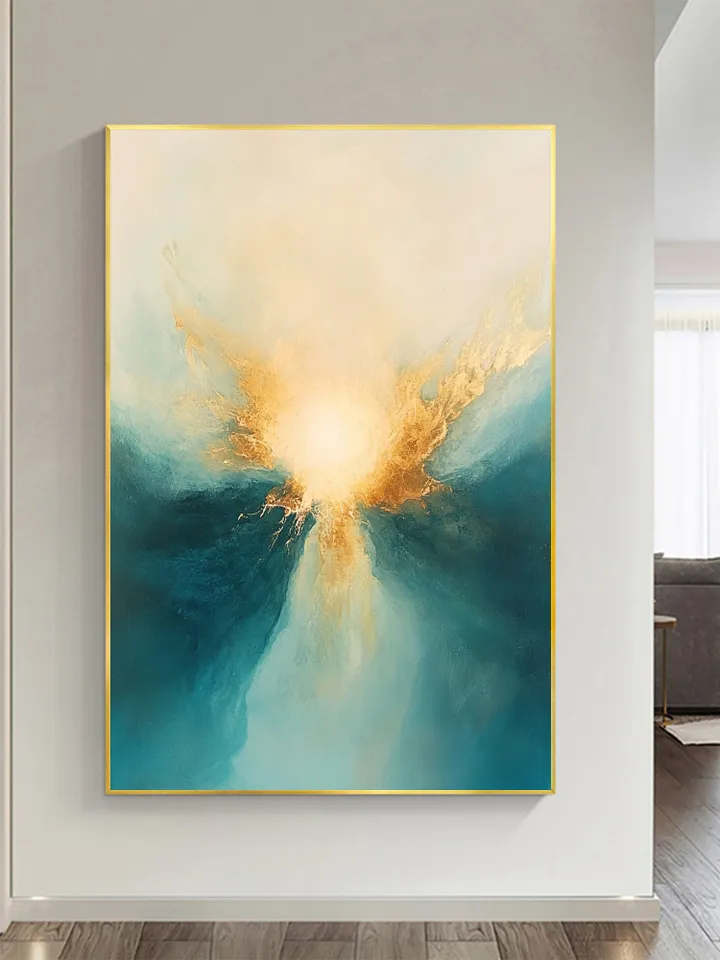 Hand-Painted Abstract Oil Painting | Modern Wall Art with Gold Accents | Stunning Blue and White Art for Living Room Home Decor