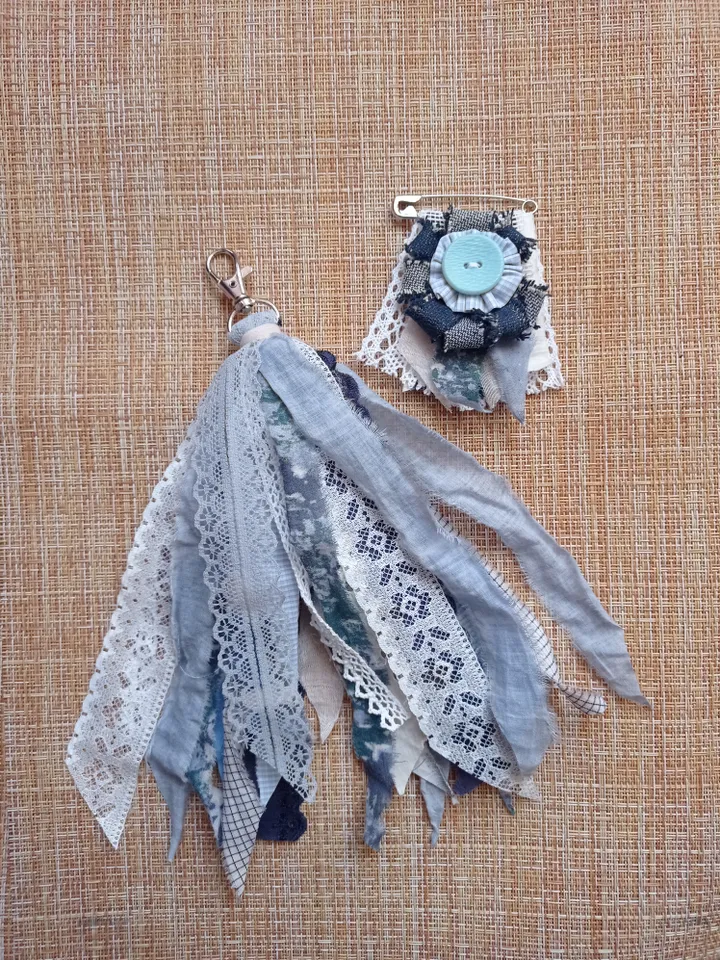 Blue brooch and keychain made of ribbons and boho fabric set