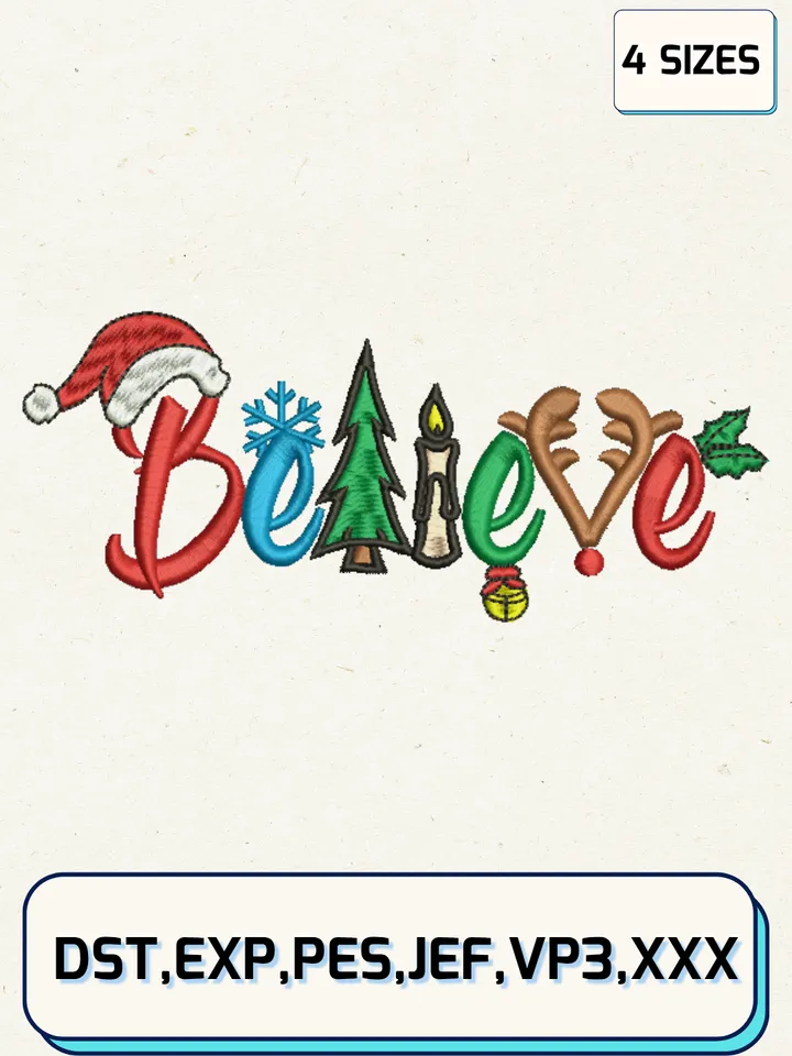 Christmas Believe Embroidery Designs,Christmas Embroidery Designs,Machine Embroidery Files,4 Sizes