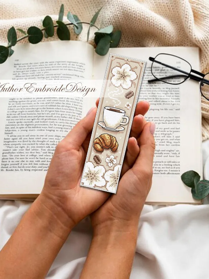 Coffee bookmark cross stitch pattern PDF download Coffee cup and croissant cross stitch chart Bookmark pattern digital PDF Coffee gift #B374
