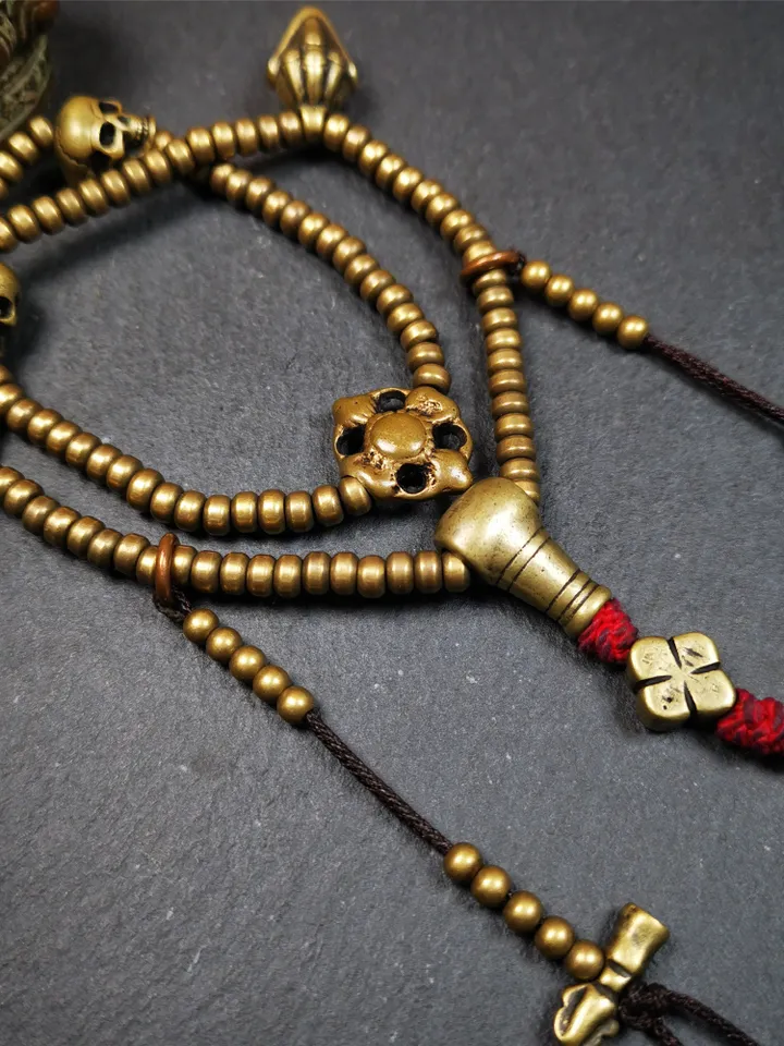 Gandhanra Handmade Tibetan Mala,Made of Lima Brass ,Old 108 Prayer Beads Necklace with Counters,Tibetan Rosary for Meditation,15"