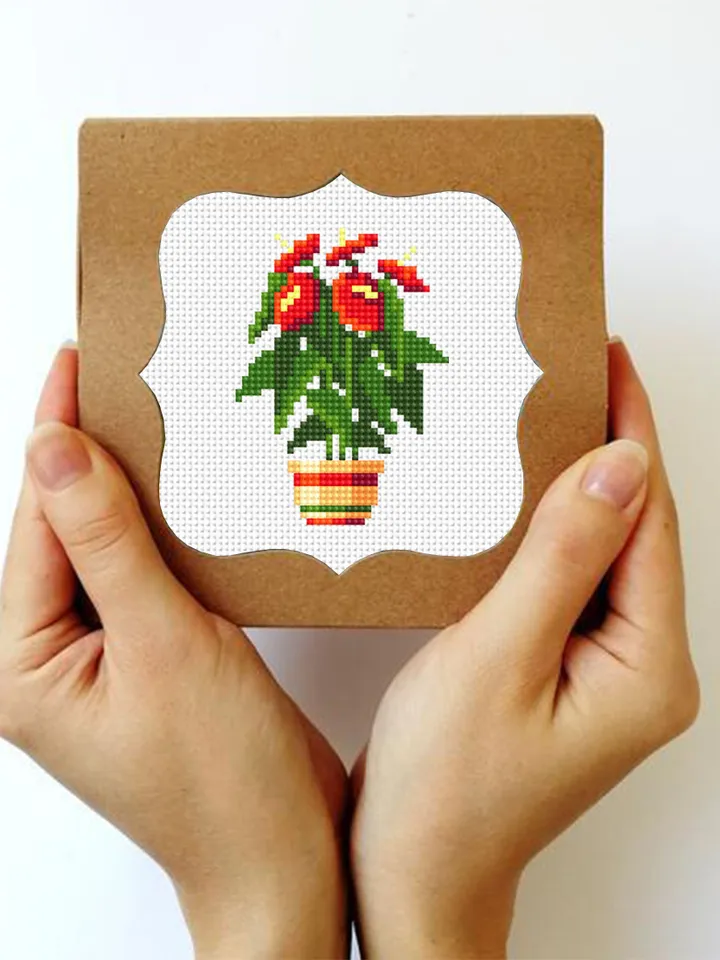Red flower plant cross stitch pattern PDF download Simple mini cross stitch chart, Easy small cross stitch Anthurium, Plant lover gift #P20