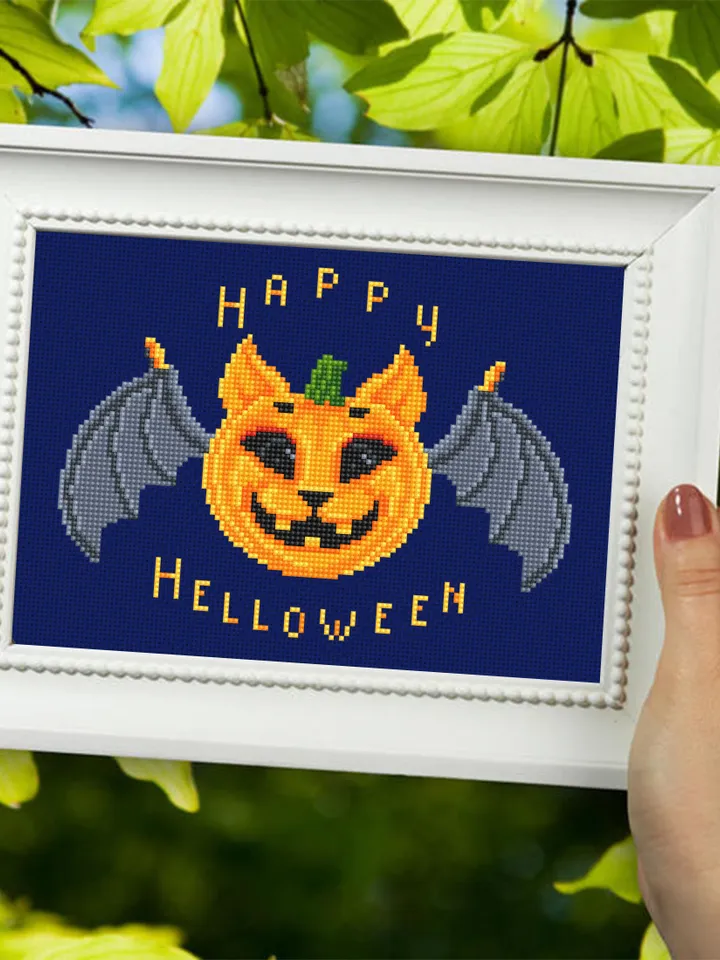 Happy Halloween cross stitch pattern download PDF Kawaii Halloween cat cross stitch Halloween quotes xstitch Cute Halloween embroidery #H4
