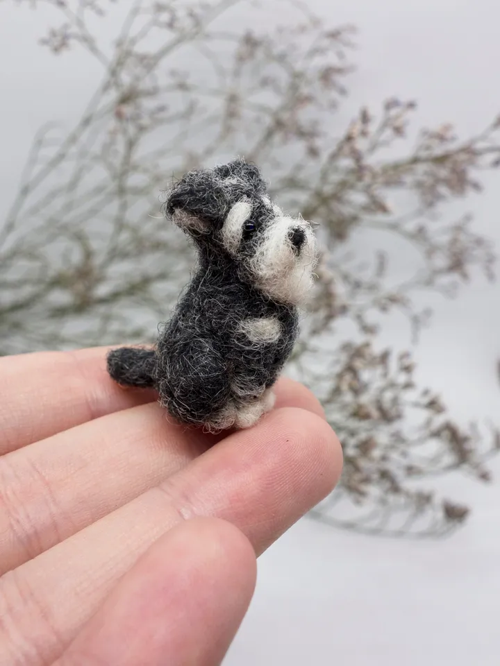 Tiny needle felted gray schnauzer, miniature felted pet, dog portrait, made to order