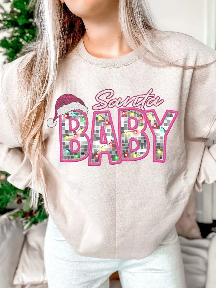 Santa Baby Png, Faux Glitter Sequins, Sparkly Christmas Png, Faux Embroidery Letters, Print File, Sublimation Design, Download ONLY