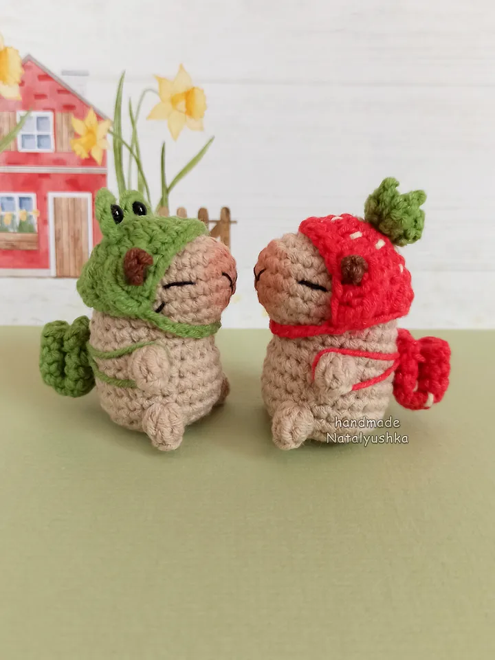 Capybara toy in costume, Capybara frog, Capybara strawberry, Crocheted small Capybara, Kawaii.