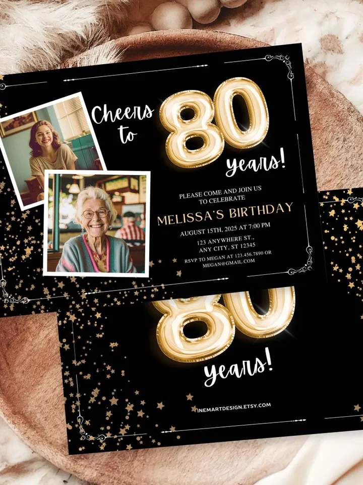 80th Birthday Invitation with Photo Adult Women's Cheers to 80th Birthday Invite Black and Gold Party Card for Grandma Canva Template