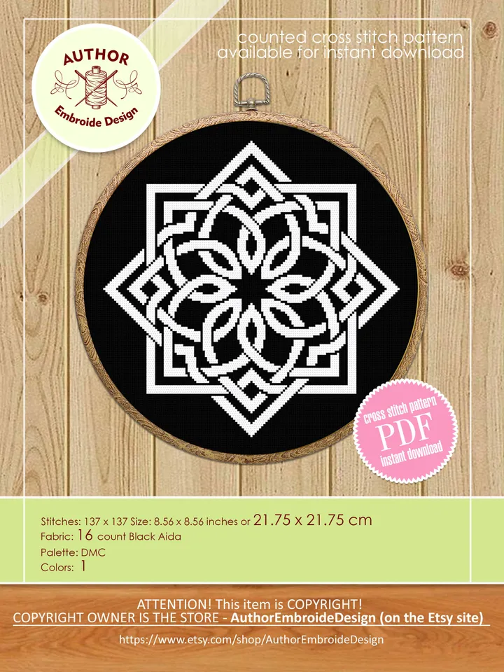 Celtic mandala cross stitch pattern download PDF Monochrome cross stitch chart Mandala pattern digital PDF Modern beginner stitch #M20