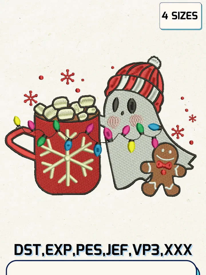 Christmas Ghost Iced Coffee Embroidery Designs,Christmas Embroidery Designs,Machine Embroidery Files,4 Sizes