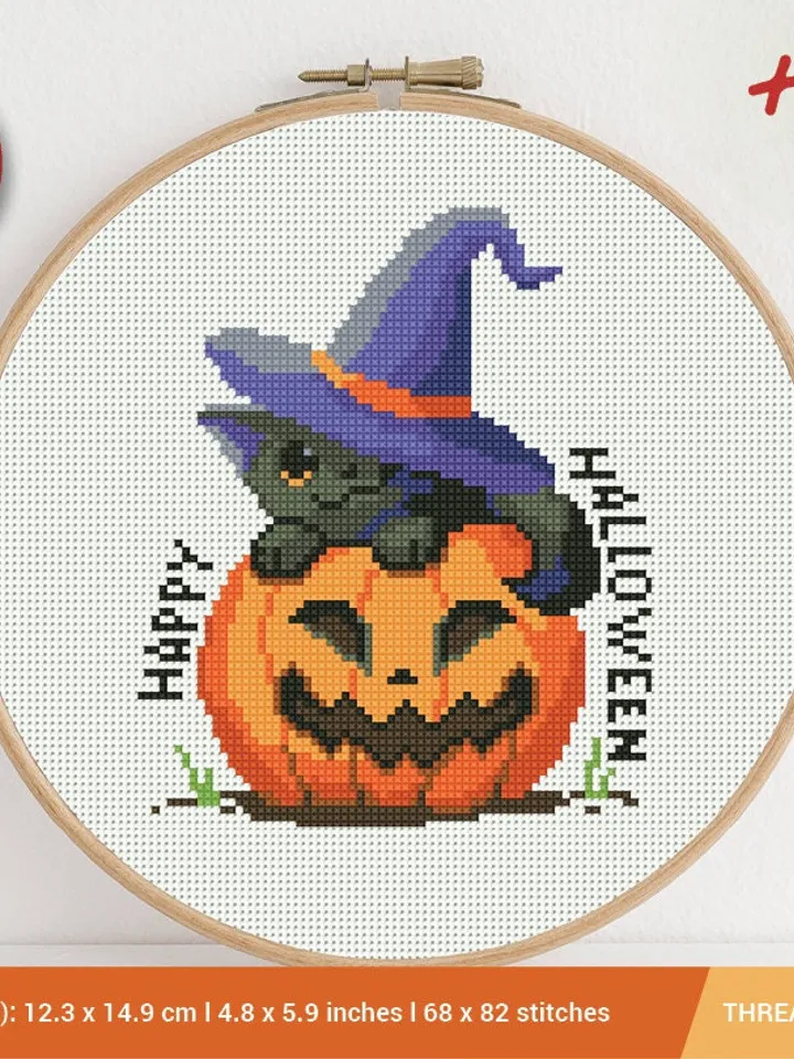 Happy Halloween Cat Pumpkin Witch Hat Cross stitch pattern Embroidery Pattern Instant Download Cross Stitch Patterns Embroidery Designs