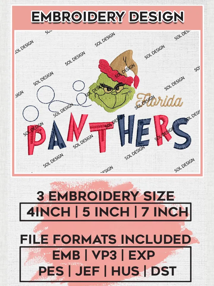 Grinch Florida Panthers Embroidery Designs, Grinch Christmas Embroidery Files, NHL Panthers Machine Embroidery Designs, NHL Florida Panthers Logo, NHL Christmas Machine Embroidery Design, Digital Download