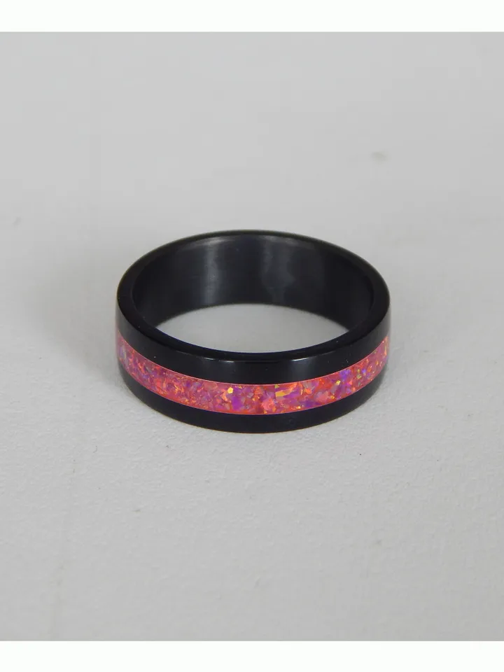 Stylish black ring. Carbon ring with synthetic opal. 8