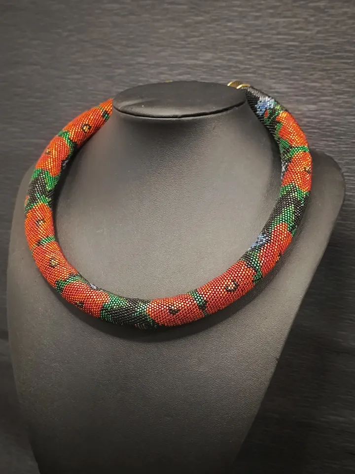Red Poppies Statement Necklace, Elegant Handmade Necklace for Women, Festive Original Necklace