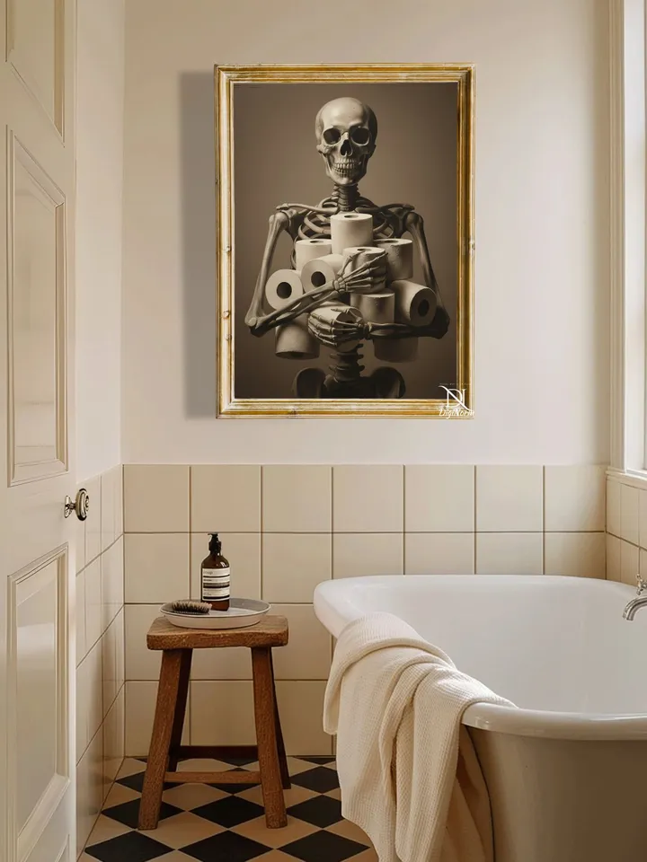 Funny Skeleton Bathroom Art Print, Toilet Paper Skeleton Poster, Dark Humor Wall Art, Bathroom Decor Printable, Quirky Digital Download