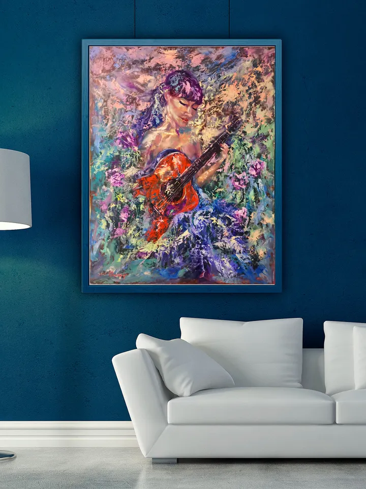 Guitar Girl Woman Art Original Large Oil Painting Soul Song Artist Svinar Oksana
