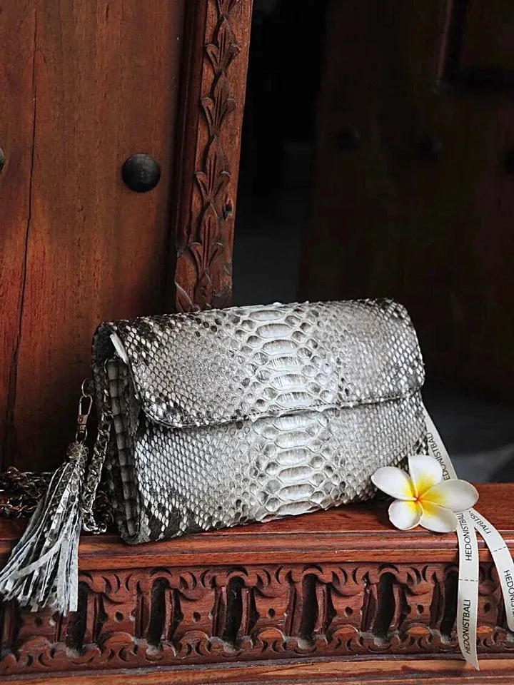 Genuine python skin classy grey flat clutch with shoulder chain | elegant evening women purse | designer leather bags | small snake bag