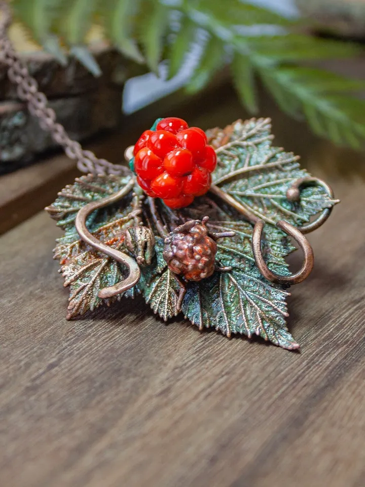 Handmade Copper Pendant Glass Cloudberry Beads, Natural Jewelry, Electroforming, Metal Real Leaf, Great Gift for Her