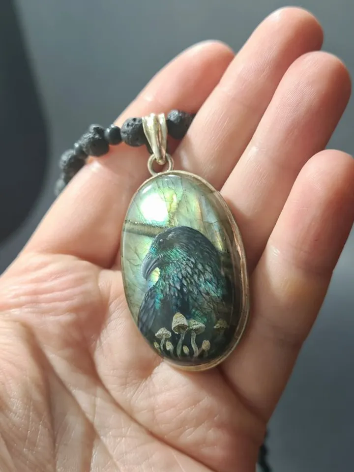 Raven necklace with toadstools Crow Viking Labradorite Shungite Lavastone