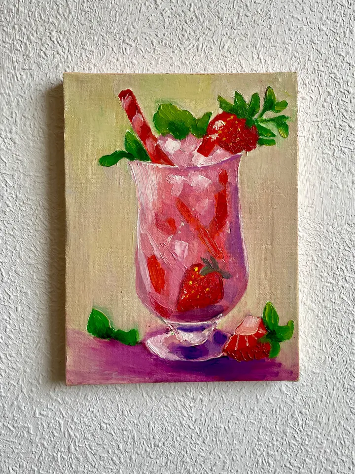 Strawberry Cocktail Oil Painting on Canvas Hand Painted Small Original Artwork, Drink art Still Life painting Perfect Bar and Kitchen Decor 8"x6"
