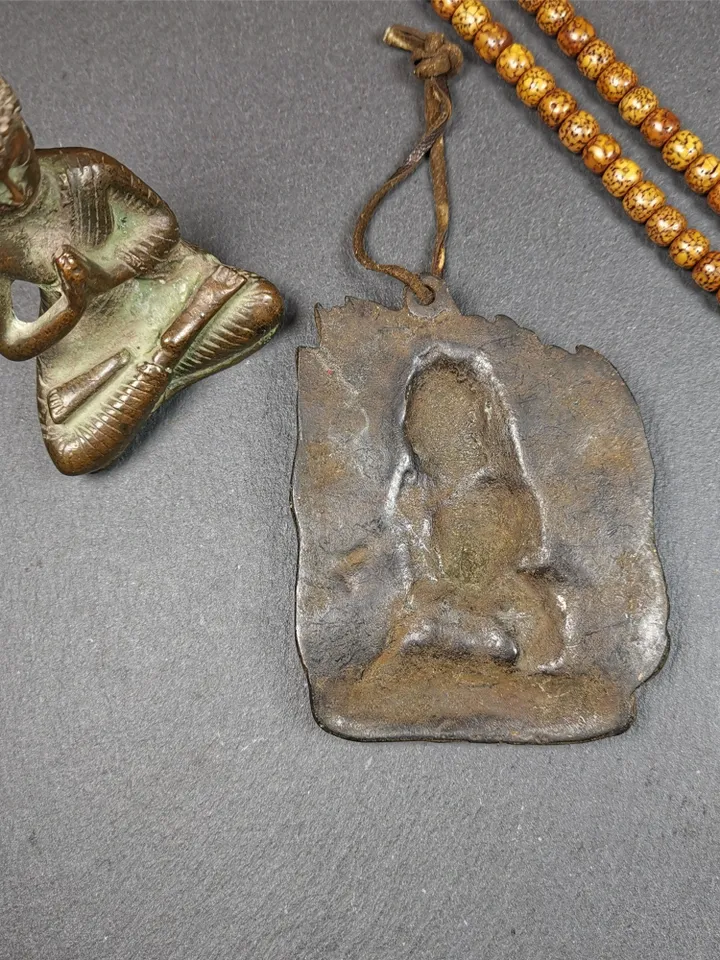 Gandhanra Antique Tibetan Buddha Statue,Mahakala Amulet Badge, Buddhist Protector Deity, Made of Thokcha