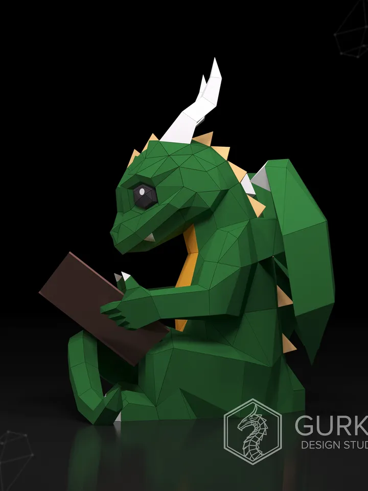 Papercraft Dragon With Book, Digital Template, PDF Download, Gurko, Low Poly, Pepakura, Origami Sculpture, Paper Party Decoration, DIY Gift