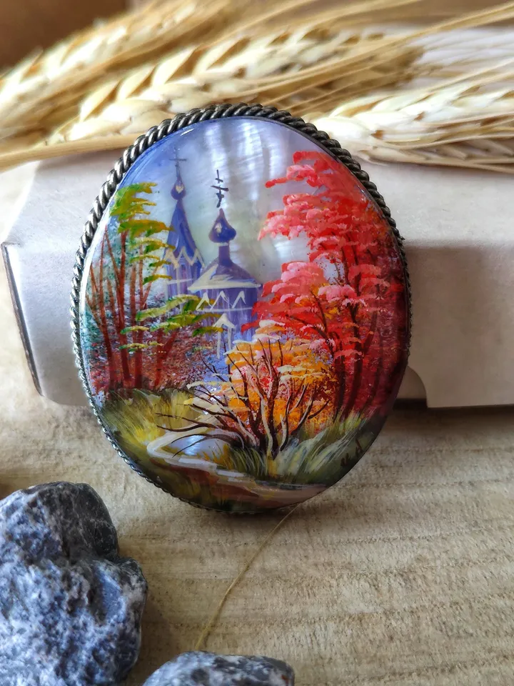 Brooches for women: Village Church in fall season Forest painted on aesthetic brooch • Dainty handmade jewelry • gorgeous pin for dress