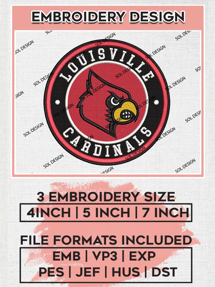 NCAA Louisville Cardinals Round Logo Embroidery, NCAA Louisville Cardinals Embroidery Design files, NCAA Teams, NCAA Machine embroidery designs, Digital Download