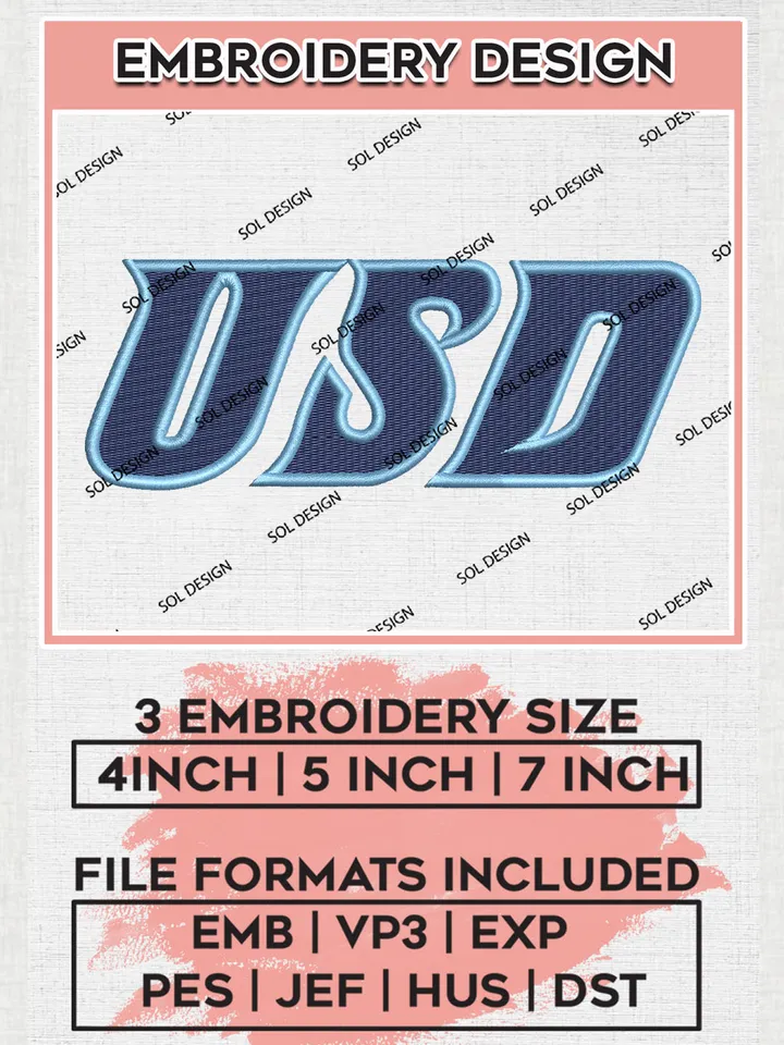 NCAA USD Toreros College Team Logo Embroidery Design Files, NCAA San Diego Toreros Machine Embroidery, NCAA Teams, Game Day, 3 sizes, NCAA Machine embroidery designs, Digital Download
