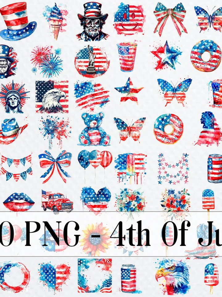 4th Of July Independence USA America Day Watercolor Clipart Bundle of 100 png Transparent Background, PNG for sublimation