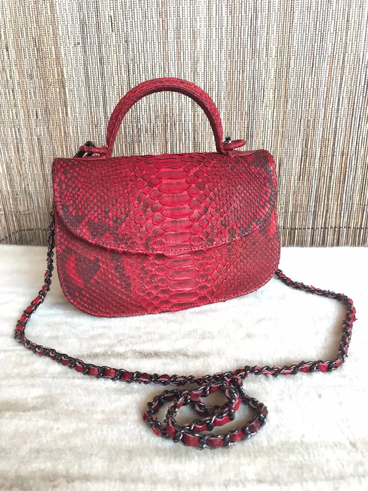 Genuine Python Skin Top Handle Red Crossbody Bag | Exotic Leather Bags | Snakeprint Bag | Handmade Designer Bag | Gift For Her
