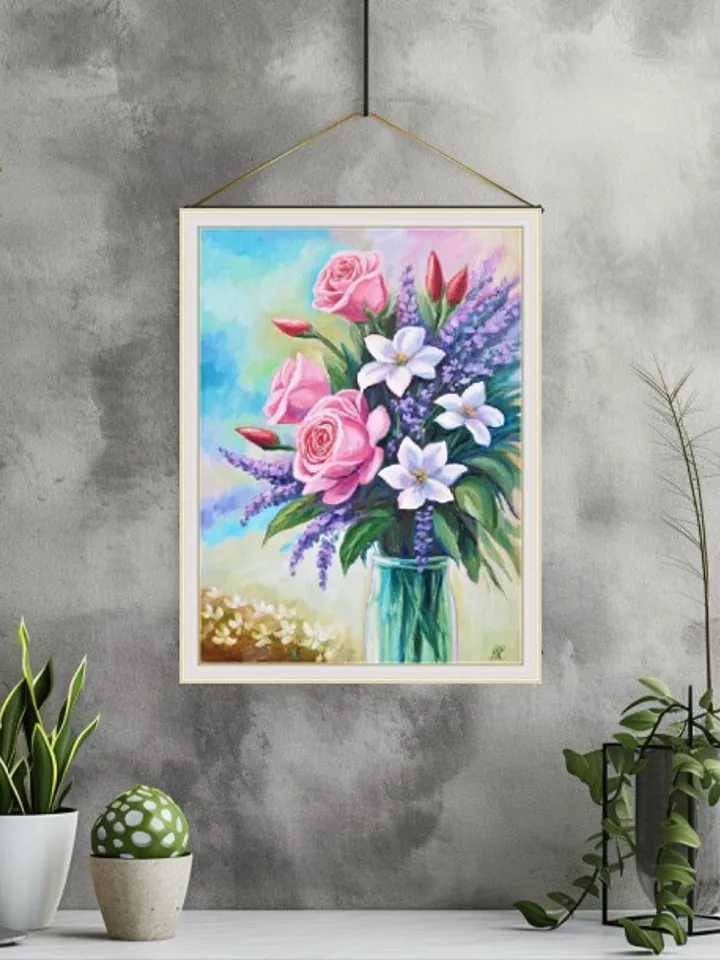 Original Oil Painting of Flowers in Vase Floral Still Life On Canvas