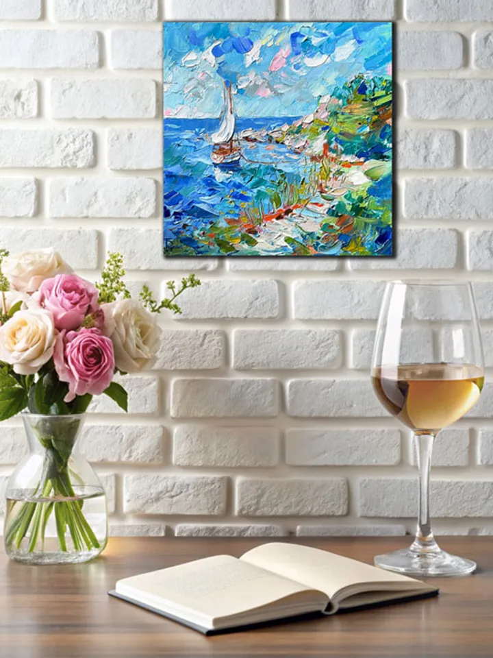 Serene Sailboats at Sunset Miniature by IrenFantasyArt Oil Painting 8x8 Inches