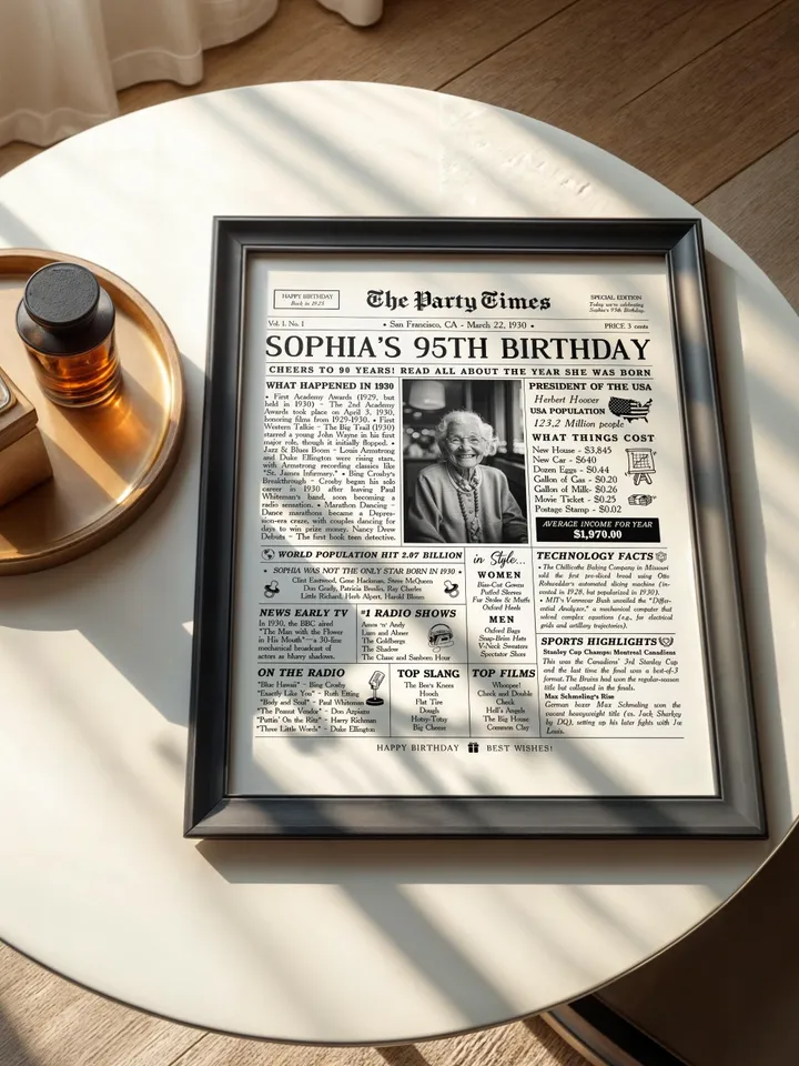95th Birthday Gift for Women or Men, 1930 Newspaper Poster Sign, 1930 Birthday, 95 Years Ago Back in 1930 Highlights