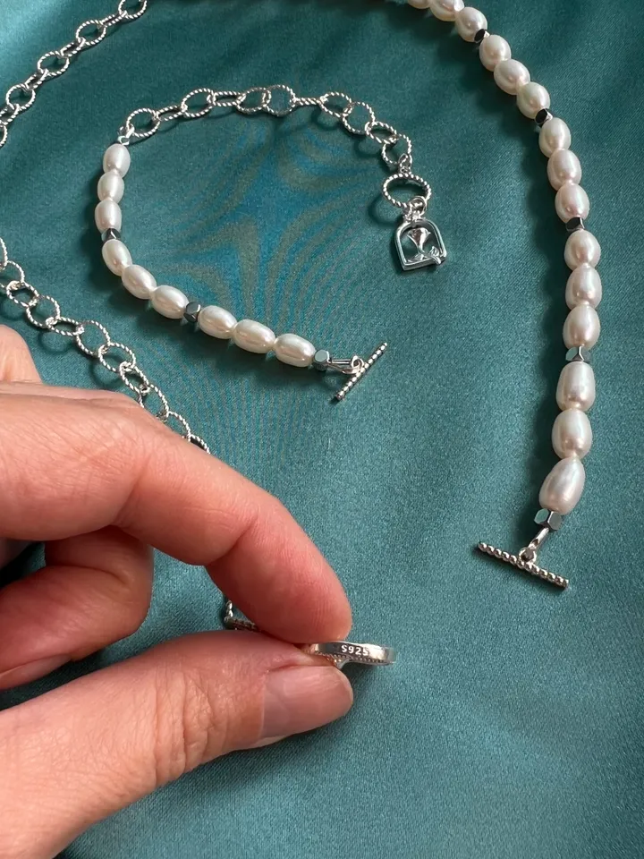 Pearl Silver 925 Jewelry Set Necklace Bracelet BELLE