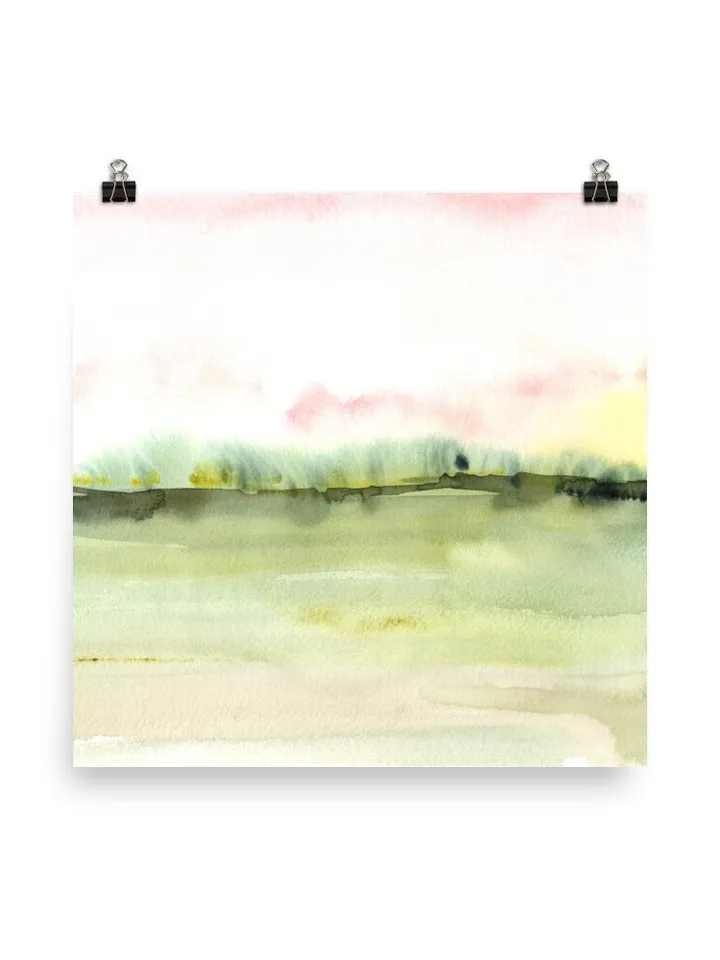 Pink Green Landscape Watercolor Painting,Neutral Maximalist Pink Art,Horizontal Art, Minimalist Landscape Wall Art, Pink Wall Decor