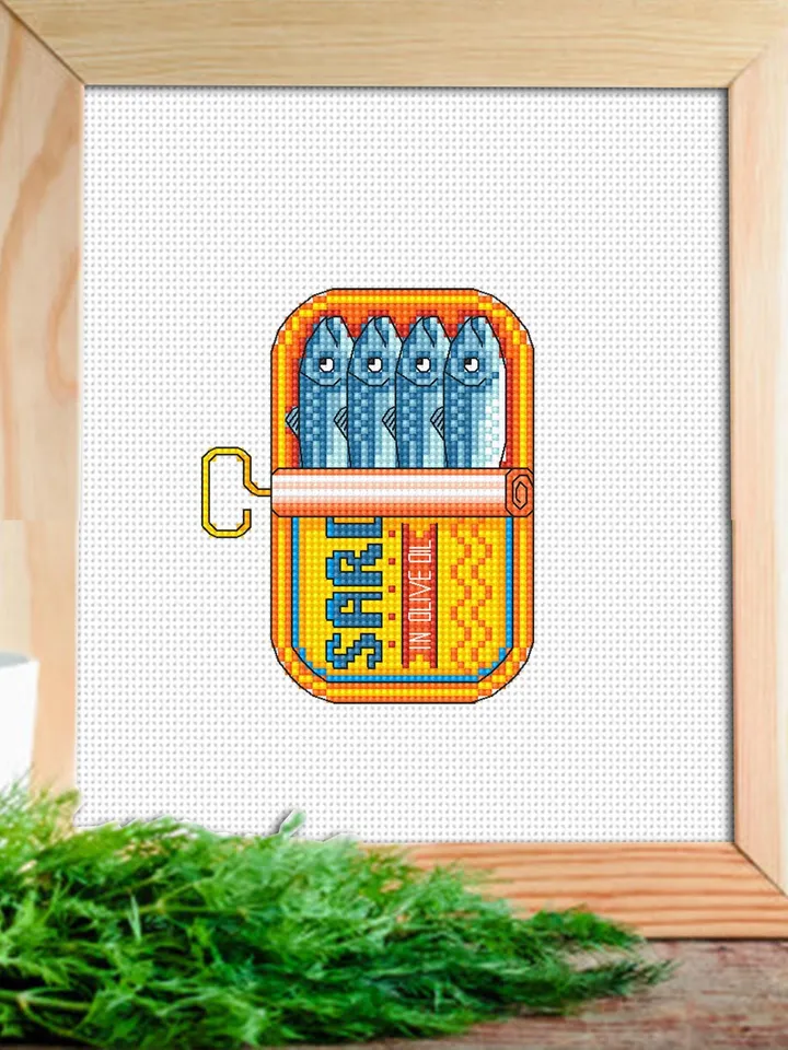Sardines in a can cross stitch pattern PDF download Tinned sardines cross stitch chart, Funny kitchen decor, Small fish pattern digital #F26
