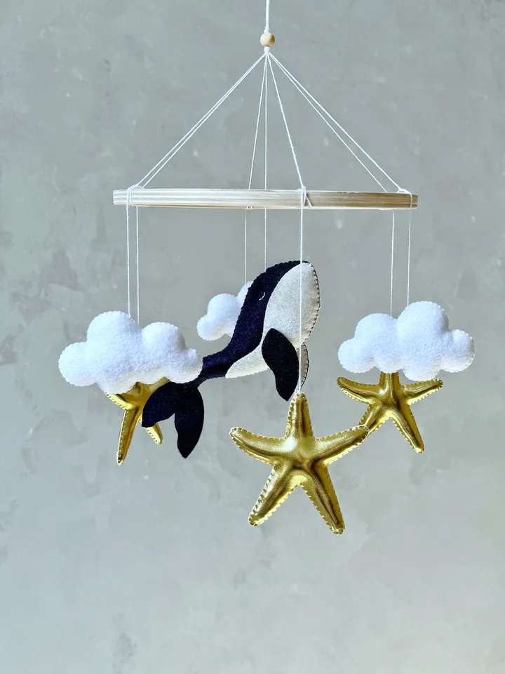 Whale baby mobile golden stars Ocean crib mobile minimalistic