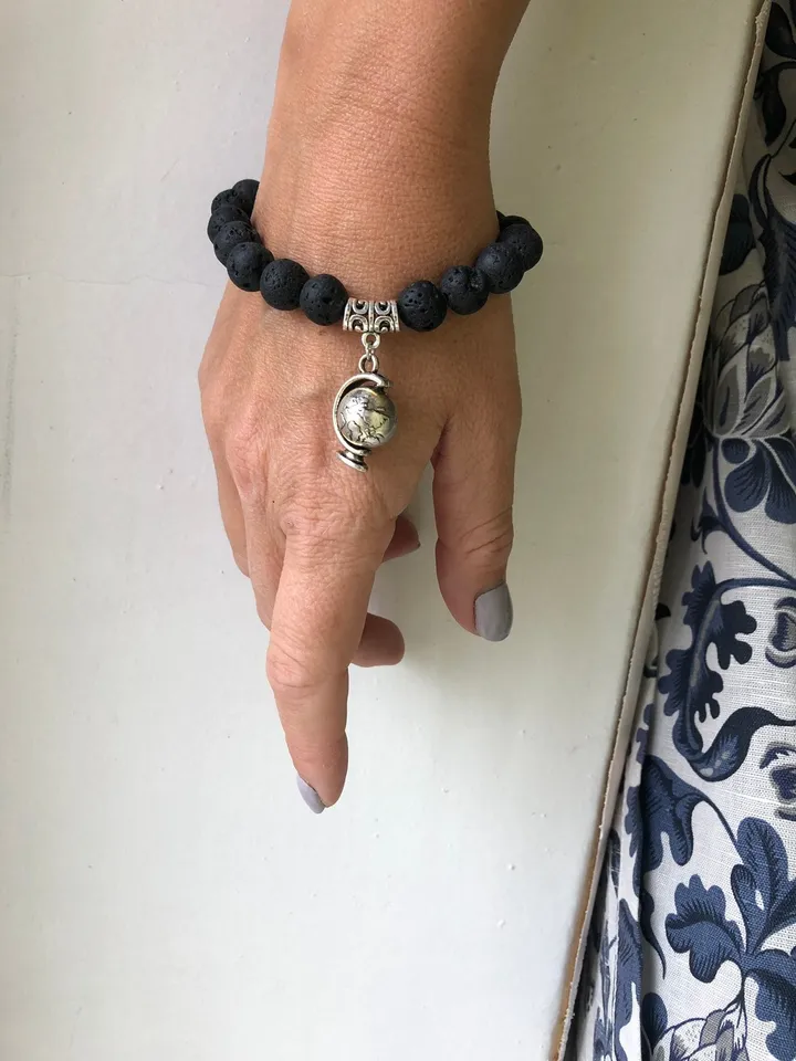 Lava Stone Globe Pendant woman handmade beaded bracelet | Gift for travellers | Spinning Pendant Jewerly | Bali Lava Jewerly Bracelet