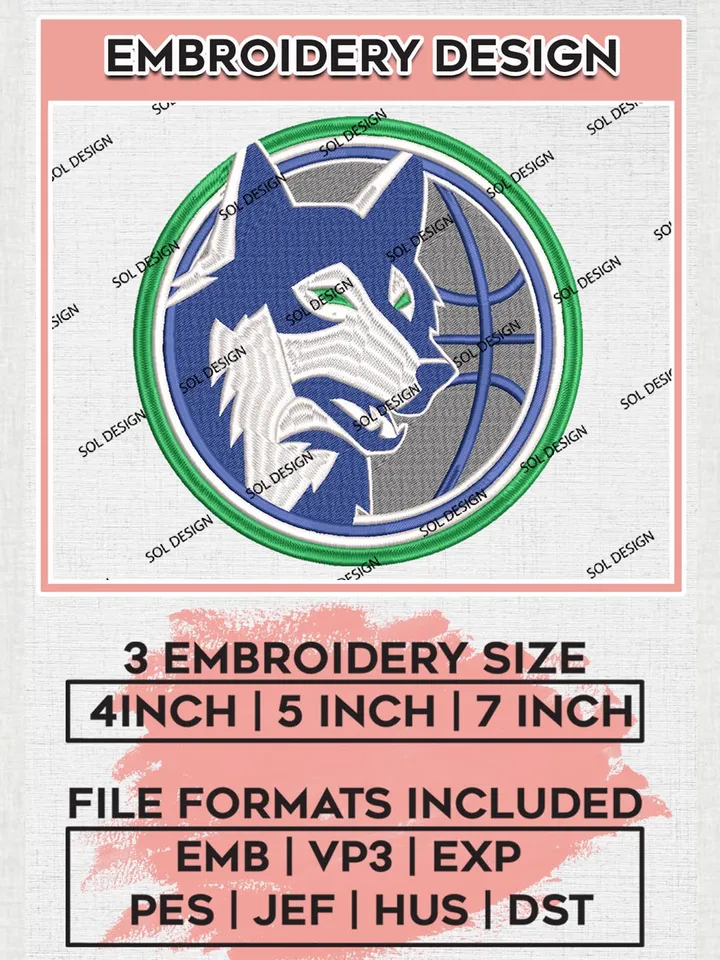Minnesota Timberwolves Embroidery Design Files, NBA Embroidery Files, NBA Minnesota Timberwolves Machine Embroidery Design, Digital Download