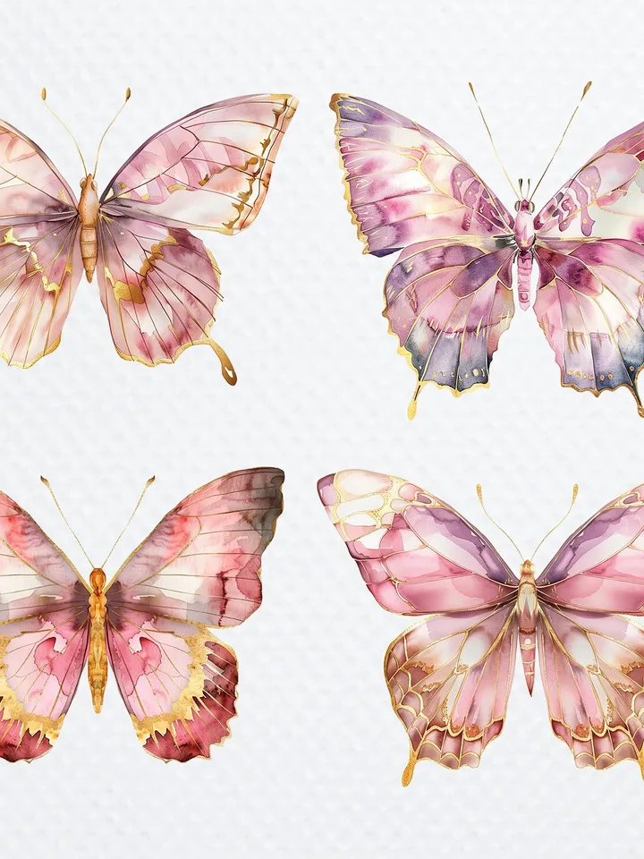 12 Pink Golden Butterfly PNG Clipart, Printable Watercolor Butterfly, Butterfly sublimation, Paper craft, junk journals, Digital download