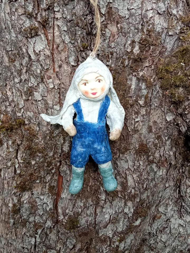 One-of-a-Kind Bunny Boy Doll - Handcrafted Ornament for Tree or Room Decor Art doll. Christmas tree toy. Holiday's gifts